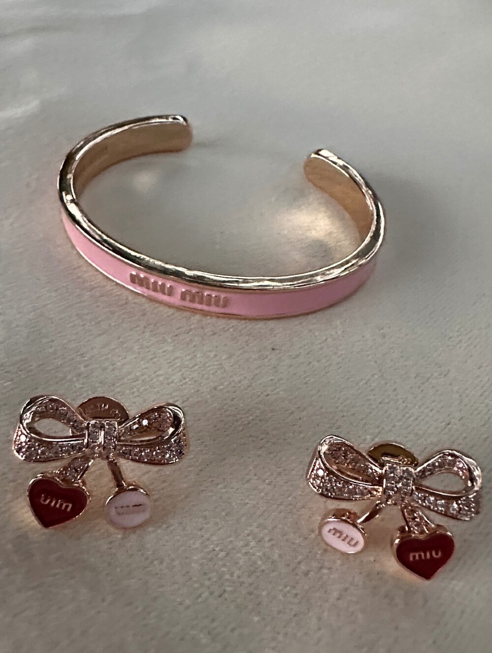 Miu Miu Rose Gold Crystal Bow Earrings with Pink & Burgundy Charms Caff Adjustab